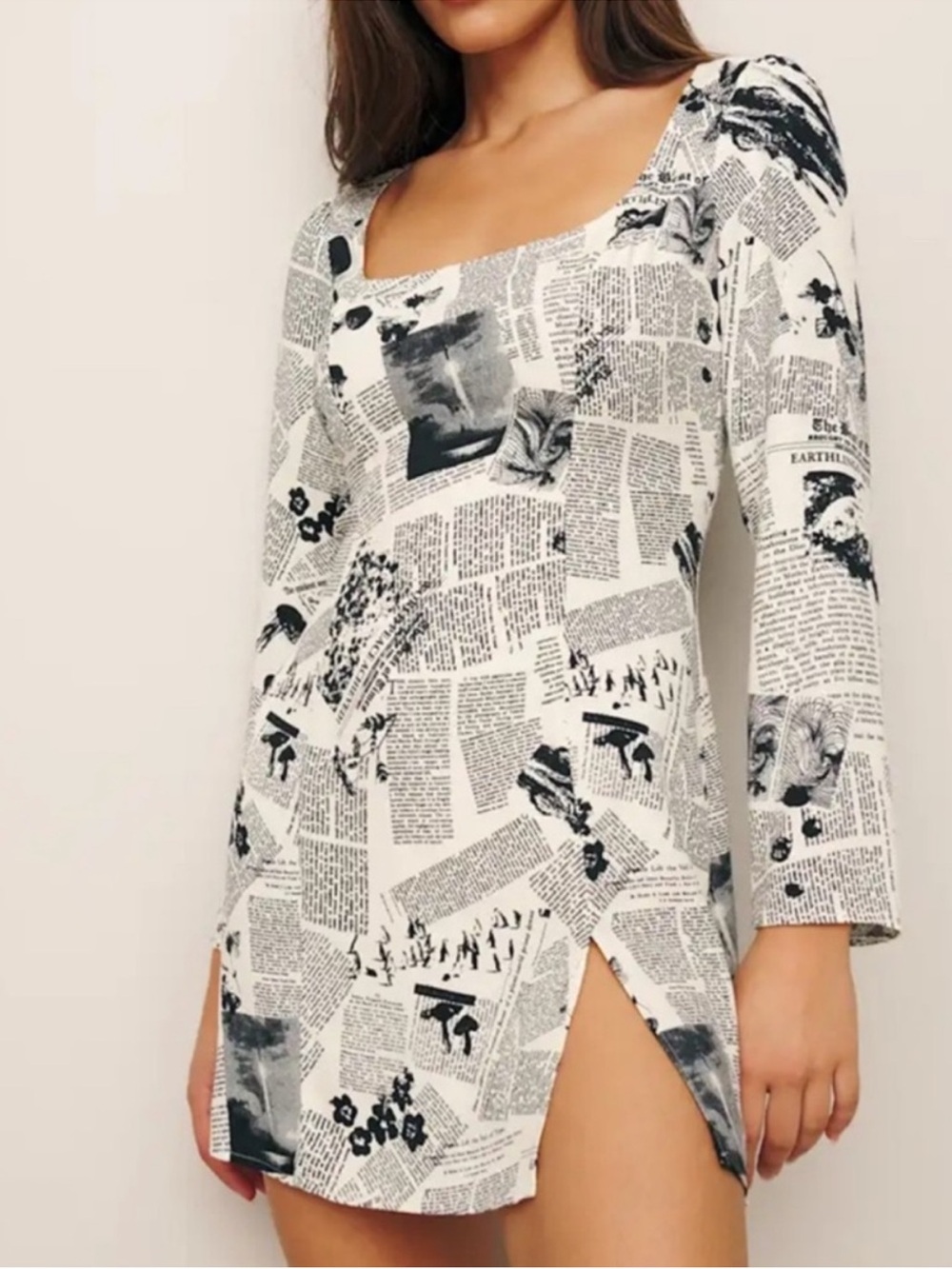 Reformation Eleny Mini Dress Climate Newsprint Black White Fit Flare Sz 6